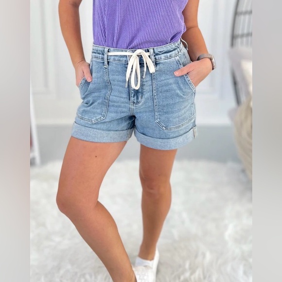 Judy Blue Cuffed Jogger Shorts with boho tie - Picture 1 of 5